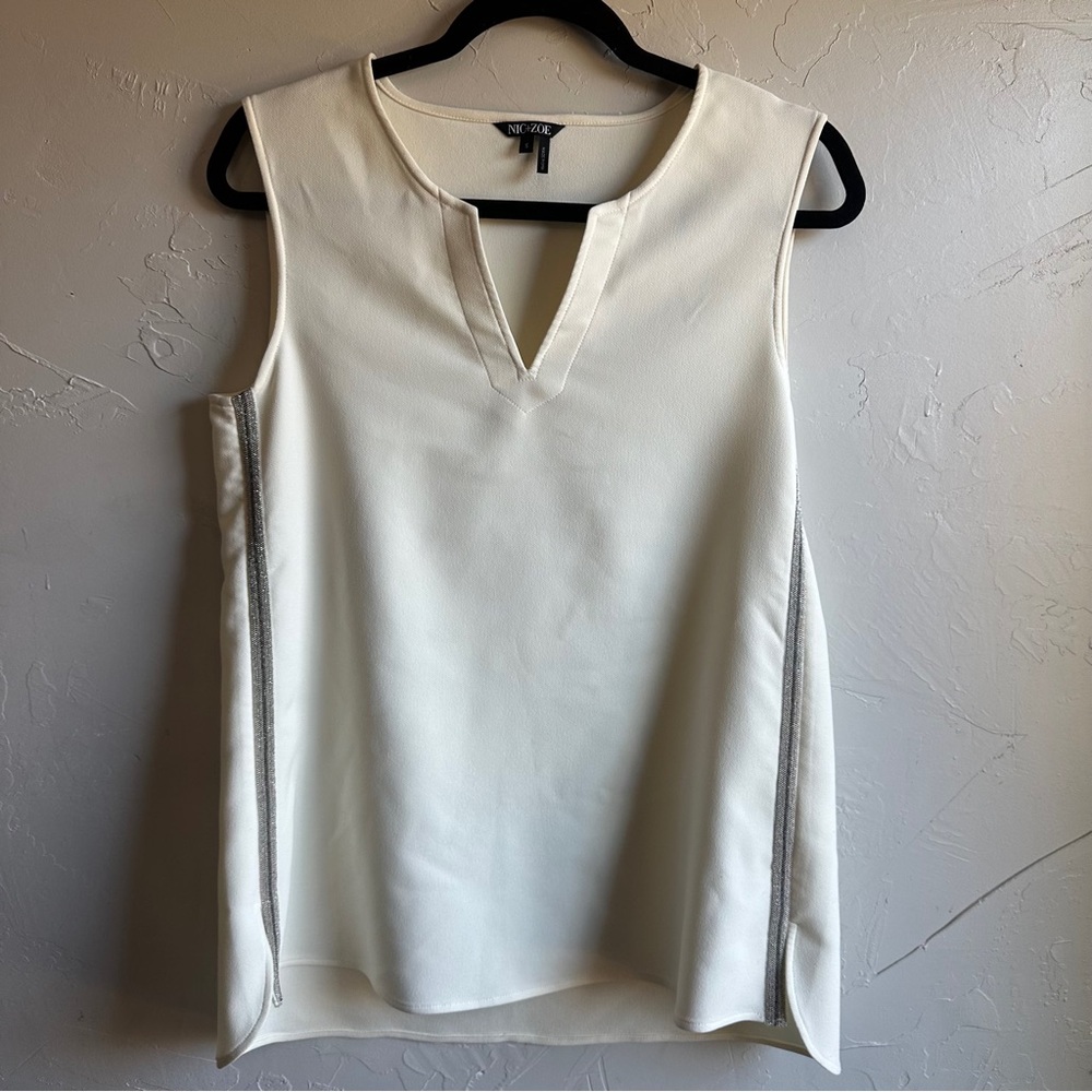 Nic+Zoe Cream Sleeveless Tunic Top Metallic‎ and Crystal Side Hem Sz S Holiday